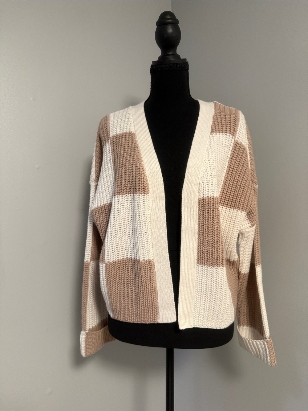 Jessica Simpson Open-Front Block Stripe Cardigan - Cream & Tan